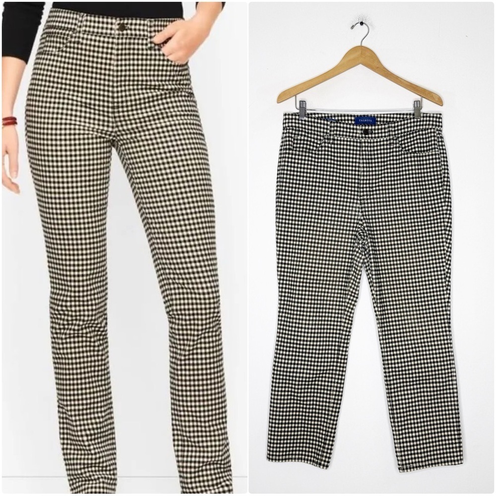 Talbots High-Waist Straight Leg Corduroy Pants Size 12P Black Gingham